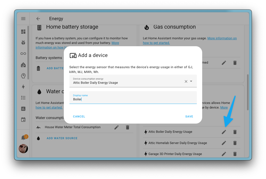 Screenshots showing you can now assign a different display name to the energy sensor of devices that show on your energy dashboard.